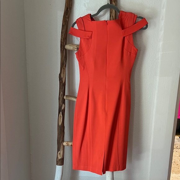 Reiss Orange-Red Coral Fitted Bodycon Cap-Sleeve Midi Sheath Dress 2 Stretch - Picture 7 of 12